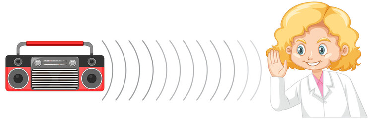 Scientist girl hearing sound with radio