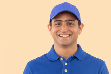 Close-up portrait of a courier delivery boy