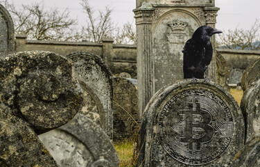 old gravestones with a silver bitcoin declining crypto market and donations during war