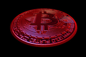 Obraz premium red single bitcoin distored view from crypto currency during falling market on black back
