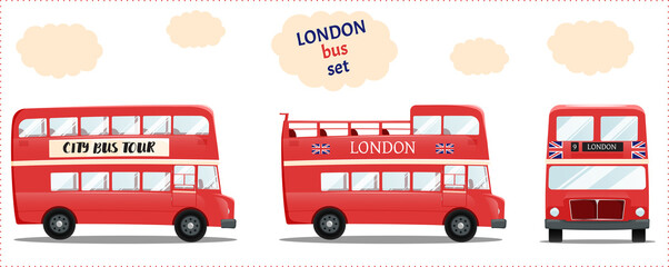a set of three vector drawings of a London double-decker bus - obrazy, fototapety, plakaty