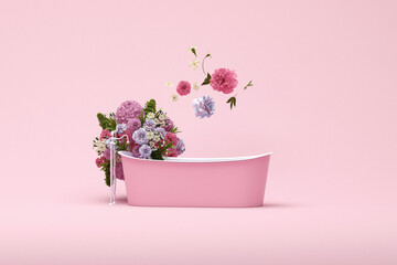 Pink bathtub with falling colorful flowers on pastel pink background. Advertisement idea. Creative composition. 3d render, social media and sale concept
