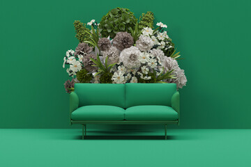 green armchair with colorful flowers on pastel green background. Advertisement idea. Creative composition. 3d render, social media and sale concept
