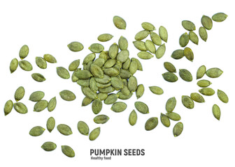 Pile of pumpkin seeds isolated on white background. Organic food, top view.
