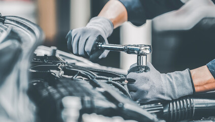 Mechanic works on the engine of the car in the garage. Repair se