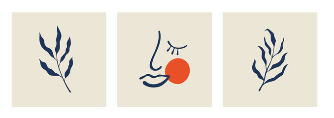 Matisse abstract woman face and tropic leaves. Contemporary art print. Collection of minimalist art. Poster with organic floral blobs. Vector illustration isolated.