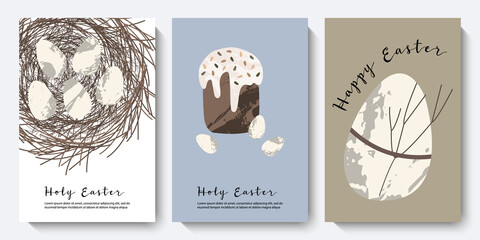 Holy Easter cards. Cute egg, nest, easter cake, willow. Eco decoration. Vector flat cartoon illustration. Perfect for poster, print, card, invitation, greeting, tag