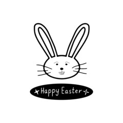 Cute rabbit with the inscription Happy Easter on a black background in doodle style for different types of decoration, postcards, stickers. 