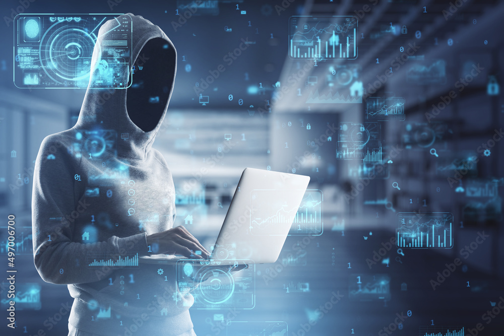 Poster Hacker in hoodie using laptop with abstract creative business charts and binary code on blurry office interior background. System engineering and digital transformation concept. Double exposure.