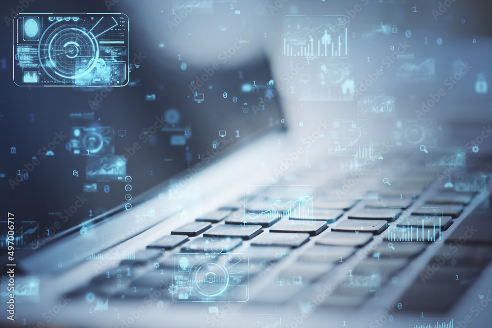 Poster Close up of laptop computer with abstract creative business charts and binary code hologram on blurry background. System engineering and digital transformation concept. Double exposure.
