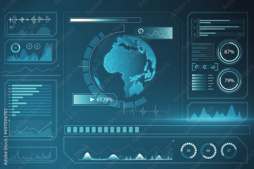 Poster Abstract glowing digital business screen interface background with globe and charts. Spy, hud and world concept. 3D Rendering.