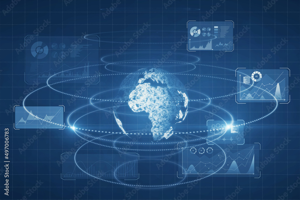 Poster Creative glowing digital business screen interface backdrop with globe and charts. Spy, hud and world concept. 3D Rendering.