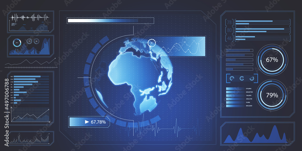 Aufkleber Glowing digital business screen interface texture with globe and charts. Spy, hud and world concept. 3D Rendering.