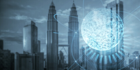 Abstract glowing sphere hologram on blue city backdrop. Metaverse and future concept. Double exposure.