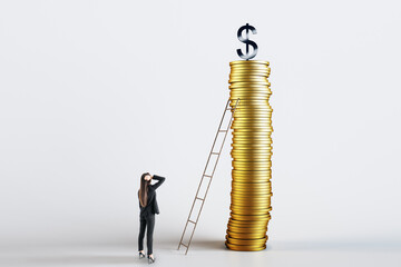 Attractive young european businesswoman looking at huge golden coin pile with ladder and dollar...