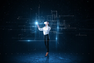 Attractive young european businesswoman with vr glasses using abstract glowing lines interface on dark background. Big data, metaverse and connection concept. - Powered by Adobe