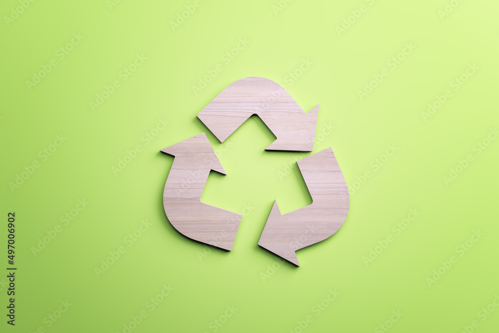 Poster white recycle sign on green background. reuse and waste concept. 3d rendering.