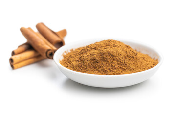 Cinnamon powder isolated on white background. Cinnamon spice.