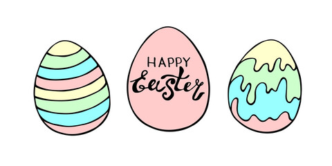 Set of vector colorful ornamental easter eggs. Holiday illustrations, clip art in hand drawn doodle flat style for greeting cards, festive design
