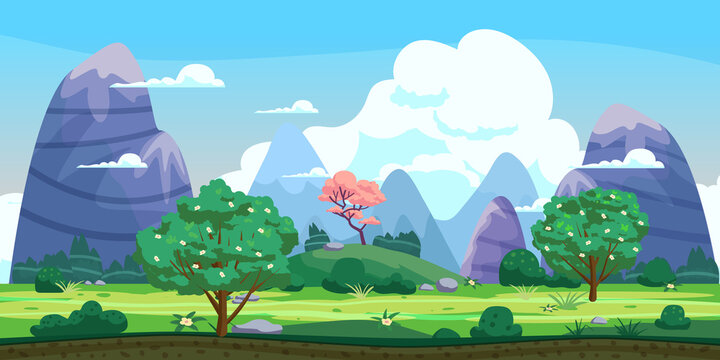 Fantasy landscape, green hills, trees, spring, mountains, panorama. Vector cartoon background illustration