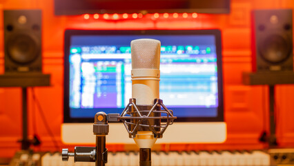 microphone in home studio. music production, broadcasting, recording concept - 497009903