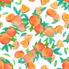 Seamless watercolor pattern of orange slices and pieces.