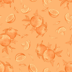 Seamless watercolor pattern of orange slices and pieces.