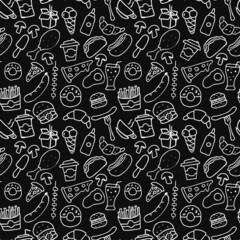 Fast food set icons, fastfood background. Doodle fast food icons. seamless pattern with food icons. food icons on black background. hand drown vector pattern with fast food icons