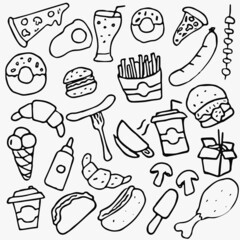 Fast food set icons, fastfood background. Doodle fast food icons. food icons on white background. hand drown vector fast food set icons