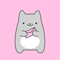 Cute kitten with a letter in its paws on a pink background. Vector image.