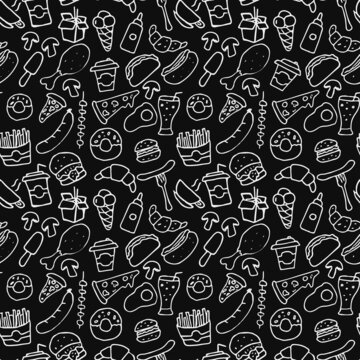 Fast food set icons, fastfood background. Doodle fast food icons. seamless pattern with food icons. food icons on black background. hand drown vector pattern with fast food icons