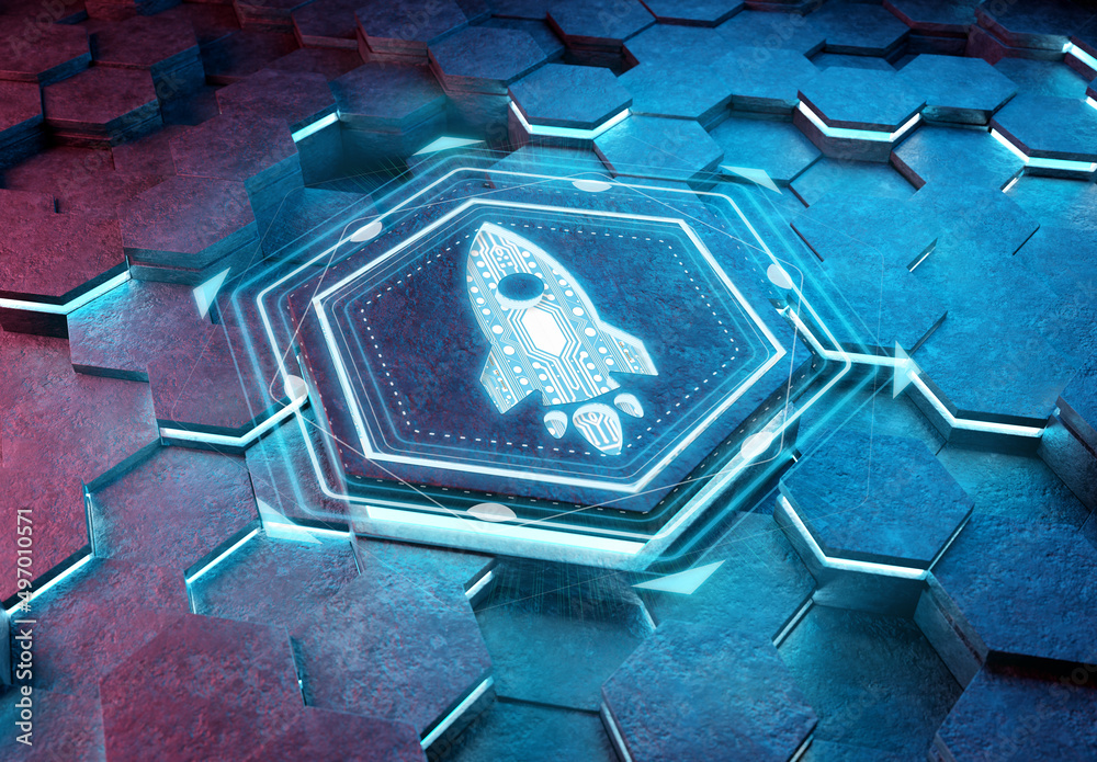 Poster Spaceship icon innovation concept engraved on metal hexagonal pedestral background. Rocket startup logo glowing on abstract digital surface. 3d rendering