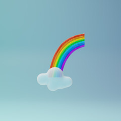 3d render, 3d illustration. Colorful rainbow emerges from a cloud on blue sky.