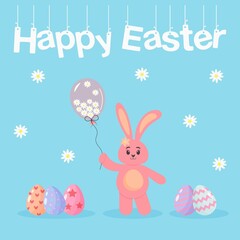 Cute pink bunny holding a balloon full of chamomiles. Colored Easter eggs and chamomiles around him. Happy Easter postcard.