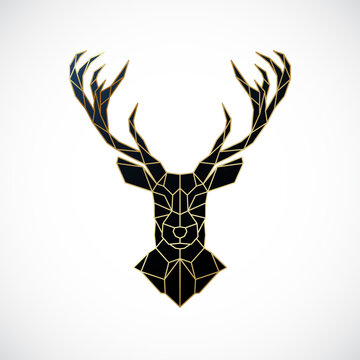 Geometric deer head illustration. Golden Polygonal reindeer emblem isolated on white background. © greens87