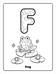 Black and white Letter F for Frog Coloring pages for preschool kids. Cute cartoon coloring book pages. Learn English alphabets words for children. Vector outline illustration.