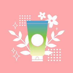 Cosmetic packaging on pink background with flowers and geometric elements. Gradient appearance of skin care product. Flat style vector.