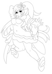 Cute anime girl in a fighting pose, she has long hair line art