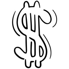 dollar sign, currency money, vector isolated element in doodle style, black outline, white background
