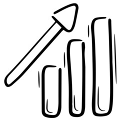 bars of a line chart, growth arrow up, vector isolated element in doodle style, black outline, white background