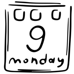 desk calendar page, working week - Monday, vector isolated element in doodle style, black outline, white background