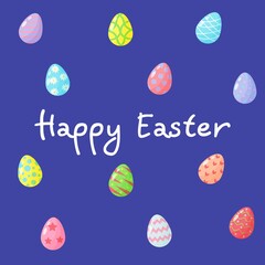 Festive greeting card with colored eggs and Happy Easter text. Vector illustration.