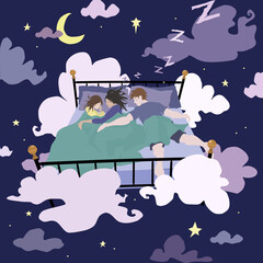 Naklejka premium Two parents, a mother and father, co-sleeping with their toddler child, in a vintage bed with a black metal frame in a dreamy cloud setting of deep sleep.