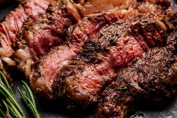 Top view of delicious grilled beef steak and vegetables served