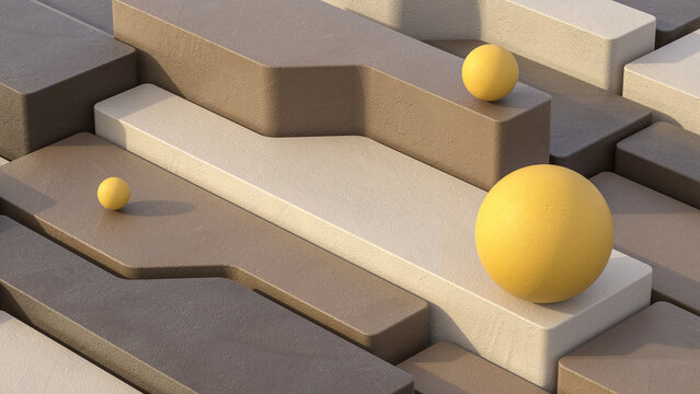 Abstract background composition. Yellow spheres on earth tone 3d patterns. 3D illustration. 3D rendering.