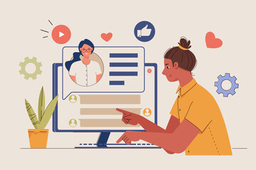 Chat, messages on computer screen. Man, Woman, couple communicate in social network or by e-mail. Flat cartoon characters. Vector illustration.