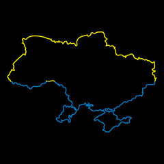 Ukraine map outline in yellow-blue color on a black background