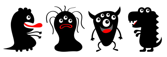 Monster icon set line banner. Happy Halloween. Black silhouette. Funny face head body. Kawaii cute cartoon baby character. Hands up, horn, eyes fang teeth tongue. Flat design. White background.