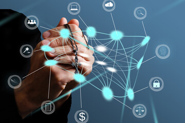 Hand touching modern interface digital transformation and metaverse concept. Connection next generation technology and new era of innovation