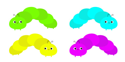 Caterpillar insect icon set. Crawling catapillar bug. Cute kawaii cartoon funny character. Baby collection. Flat design. Colorful bright yellow green cblue violet olor. White background. Isolated.
